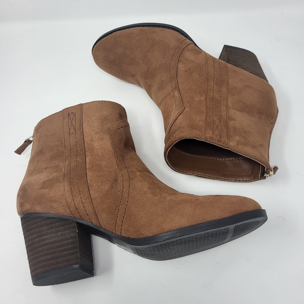 Call it Spring Faux Suede Tan Ankle Booties Boots Tan Size 7.5 Back Zipper Heel